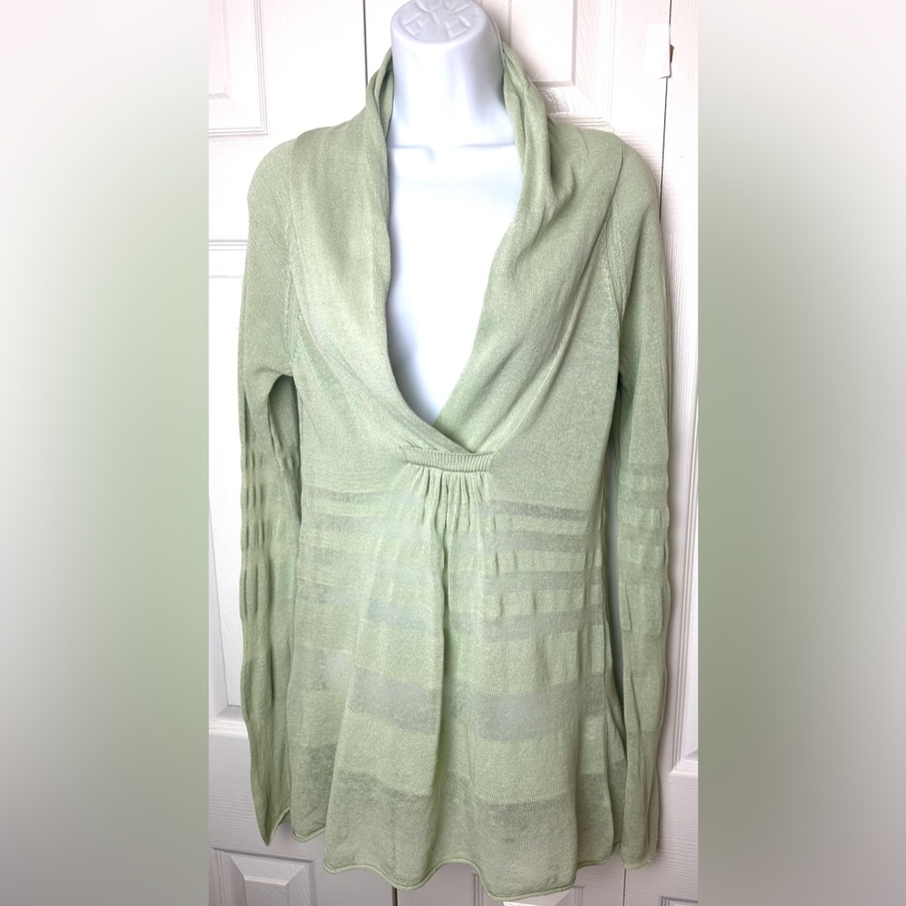 Anthro MOTH Linen Blends Sweater Pale Mint Green Long Tunic VNeck Shawl Striped